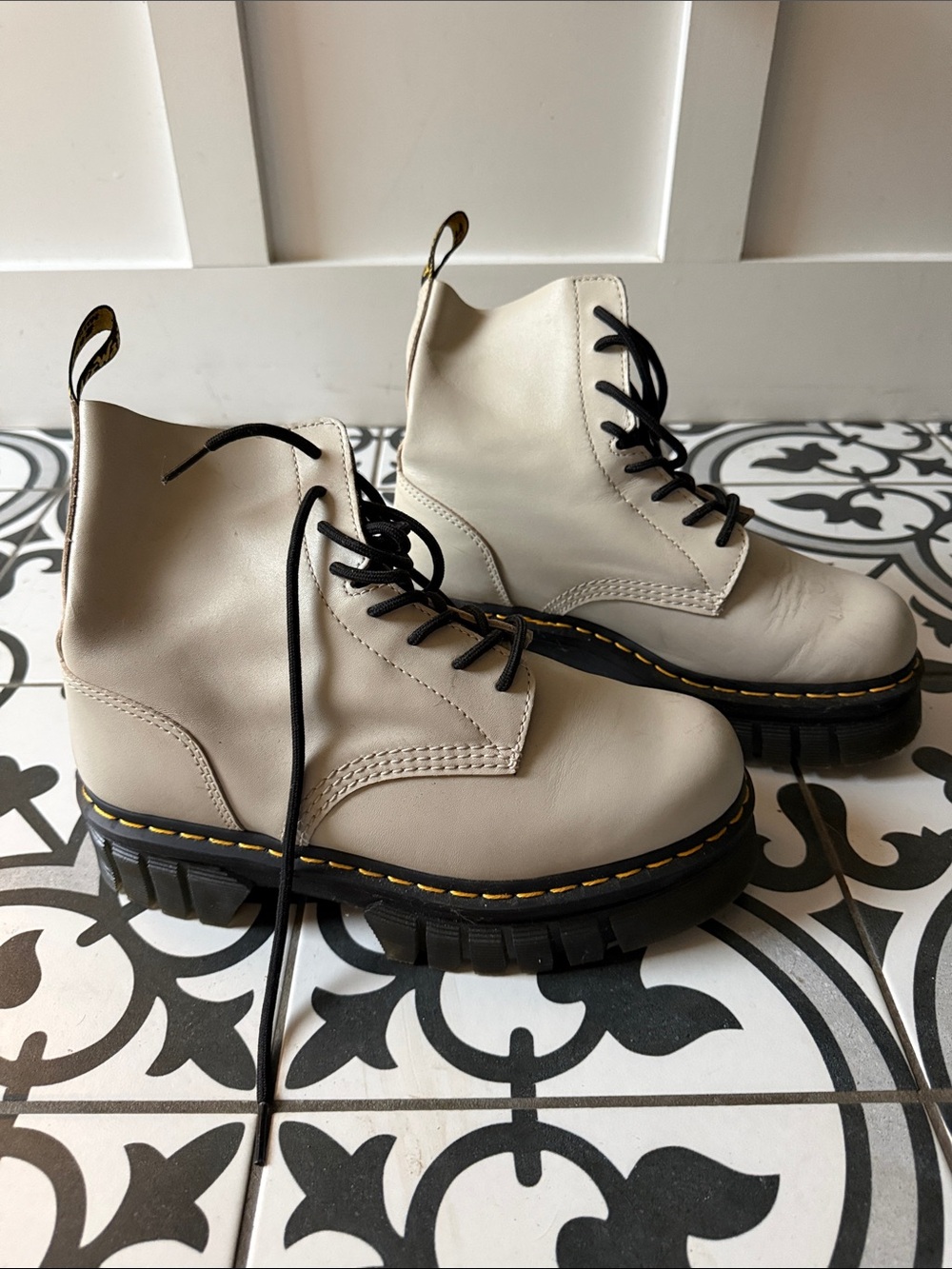 Dr. Martens Cream Leather Platform Lace-Up Combat Boots